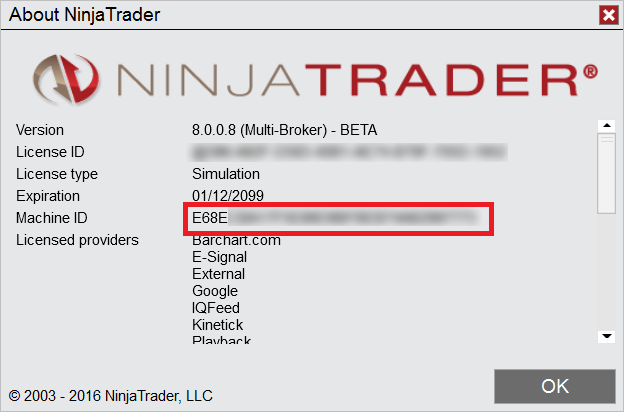 NinjaTrader 8 About window